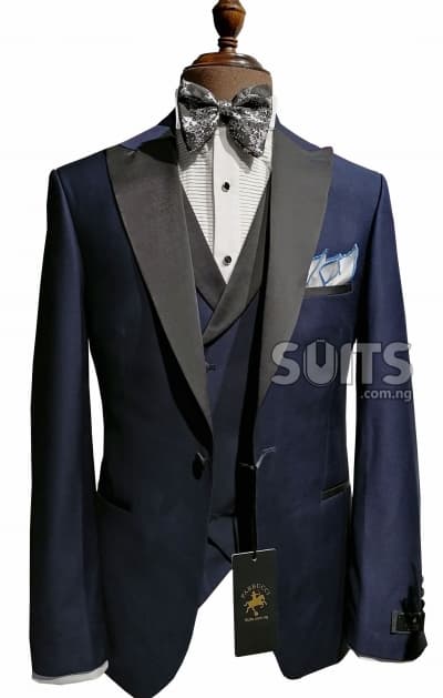 Plain Navyblue 3piece Wedding Tux with Black satin peaked Lapel by Pabbucci