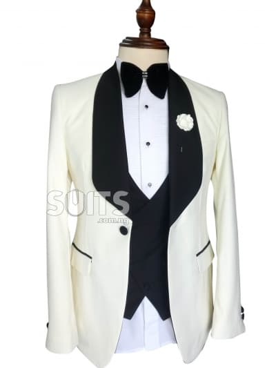 Cream 3piece Tuxedo with Black Waistcoat & Trouser