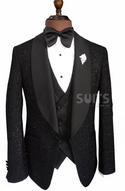Black shiny-glitz Wedding Tux with plain black satin pant by Pabbucci