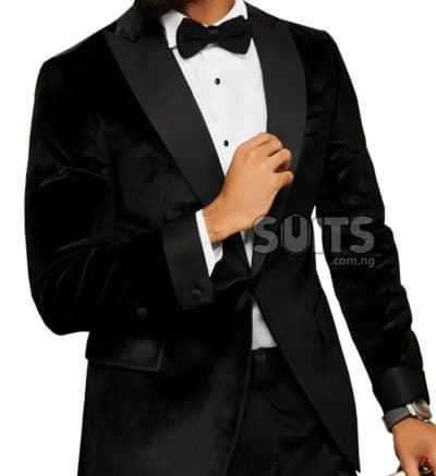 Black velvet Tuxedo with black satin tux pant by Pabbucci