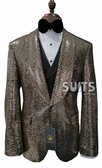 Golden sequence glits with plain black waistcoat and trouser