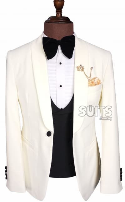 Creamy shawl lapel Wedding Tux with black waistcoat & trouser By Pabbucci