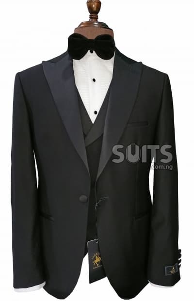 Plain Black 3piece Wedding Tux with Satin Peaked Lapel by Pabbucci