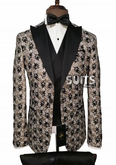 Gold and black paisley 3piece Tuxedo with black waistcoat & trouser by Pabbucci
