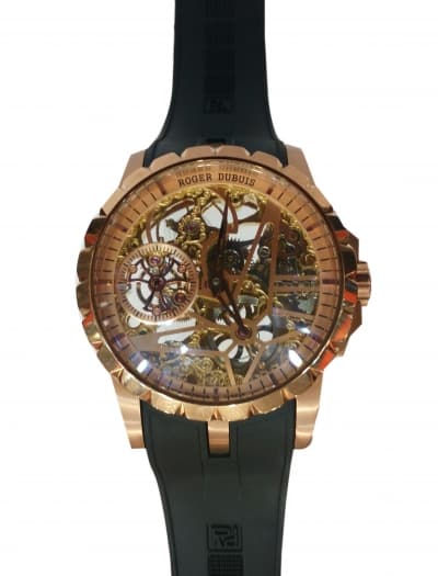 Roger Dubuis Rose Gold Skeleton Chronograph Watch Black Rubber Strap